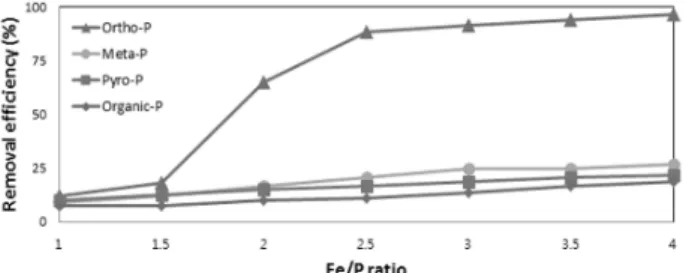 Fig. 1. Effect of Fe/P molal ratio on removal efficiencies of  phosphorus species.