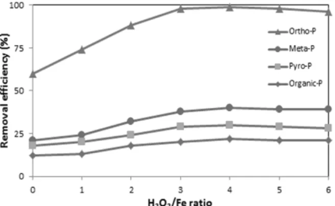 Fig. 2.  Effect  of  H 2 O 2 /Fe mole ratio on phosphorus removal  efficiency with Fe/P molal ratio of 2