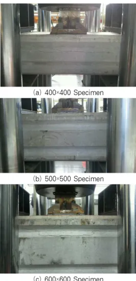 Fig. 14 Comparison of load-displacement curve결재의  강도(CT형강  인발강도)가  벽체파일  콘크리트  인장파괴 강도보다 큼을 알 수 있으며, 벽체파일과 하부 슬래브 연결부에 적용된 CT형강 전단연결재는 인장에 대해 충분히 저항할 수 있음을 확인할 수 있다.지지점 거리 2.5m와 1.0m 실험체 모두에서 파괴면의 위치는 Fig