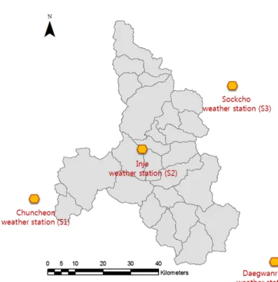 Fig. 4. Spatial location of weather stations in the Soyang watershed.