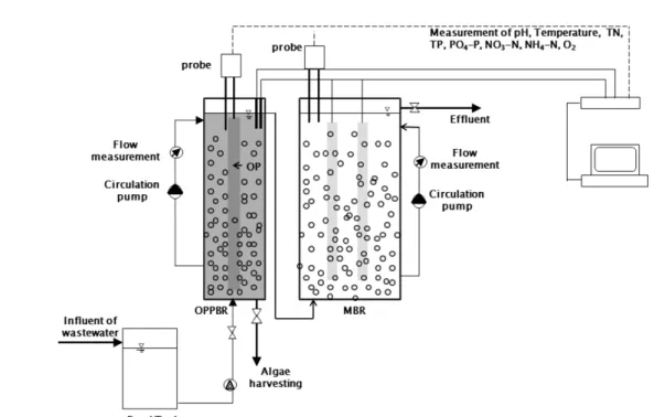 Fig. 2. A schematic diagram of MMBR. MBR  공정에서는 9 hr의 HRT를 이용하여 처리하였다. MMBR  공정은 OPPBR  공정이 MBR공정의 전처리를 대신하기 때 문에  전처리를  따로  할  필요가  없고,  전처리에  사용되는  화학약품을 절약할 수 있으며, MBR의 파울링을 현저하게  감소시킬 수 있는 장점이 있다