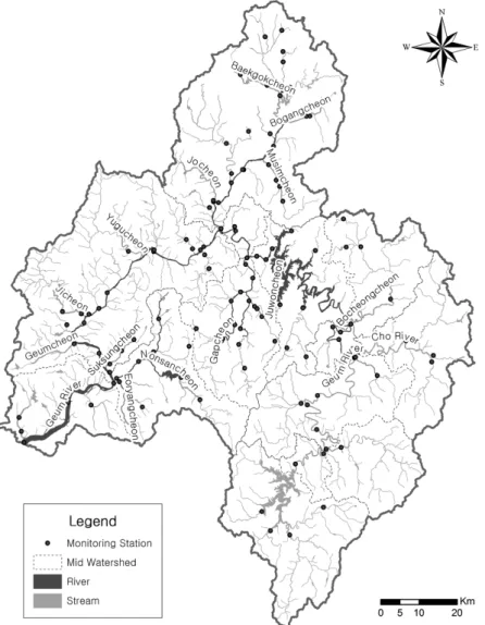 Fig. 1. Map of the Geum River indicating sampling sites. 측을 위해 최적의 모형을 선택하고 공간예측을 위해 범용크리깅과 공동크리깅의 두 가지 방법을 적용시켰다