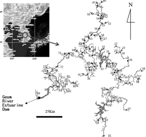 Fig. 1. Map showing the sampling sites of water and epilithic diatoms in the Geum river system in South Korea from April to May 2011