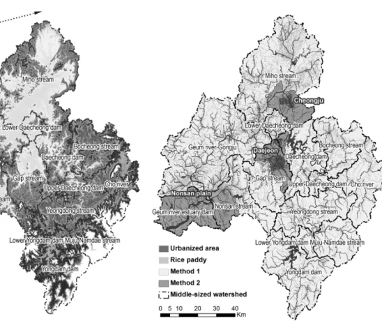 Fig. 1. Geum River basin Fig. 2. Spatial map showing different methods to extract Dorang  (headwater streams) catchments related to land use character