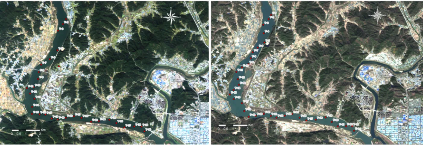 Fig. 1. Study area (Acquired new images on 14, October (left) and 12, November (right) and each sampling sites).분광혼합화소분석  기법을  적용한  연구가  활발히  진행되고 있다