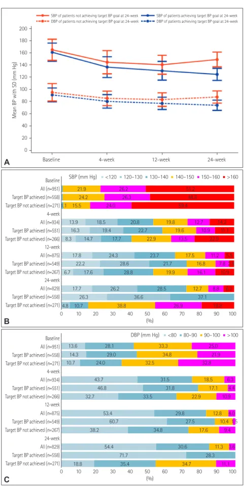Fig. 2. Comparison of BP parameters at each visit between patients who did and those who did not achieve the target BP at 24 weeks: mean SBP and DBP  (A), SBP category (B), and DBP category (C)