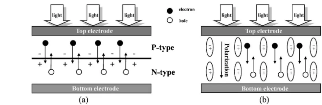 Figure  1.  (a)  p-n  접합 태양광 소자 및 (b)강유전체 태양광 소자의 작동 원리에 대한 개략도