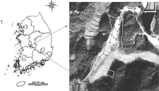 Fig. 1. Sketch of the golf course location. 나라는  국토의  약  64%가  산림으로  이루어져  있지만(산림청, 2008), 대부분의 산림이 산악지대로서 골프장을 건설하고  운영할  수  있는  공간이  충분하지가  않다