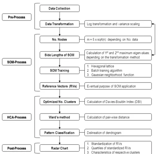 Fig. 2. Flow chart for methodologically systematic application of SOM. 우량과  TP  자료에  로그변환(log transformation)을  적용한  후  모든  자료에  공통적으로  평균과  표준편차를  이용하여  자료의 표준화를 수행하였다