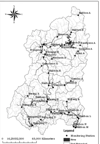 Fig. 1. The nakdong river unit watershed and observed stations. 주어진 유량 또는 부하량과 같은 매개변수가 주어진 값과  같거나  초과하는  시간의  백분율을  곡선화하여  그래픽하게  표현한 것이다(Nevada, 2003)
