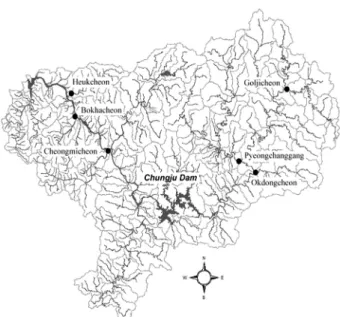 Fig. 1. Water quality &amp; flow rate measuring sites on the  watersheds. 가 낮아 이들 변수와의 직접적인 관계를 가지고는 수질변 화에 대한 설명력이 떨어진다고 하였다