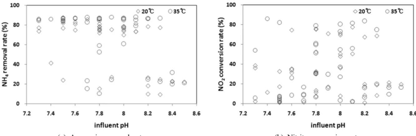 Fig. 10. Effect of pH on Ammonia removal rate and nitrite conversion in the laboratory scale reactor.