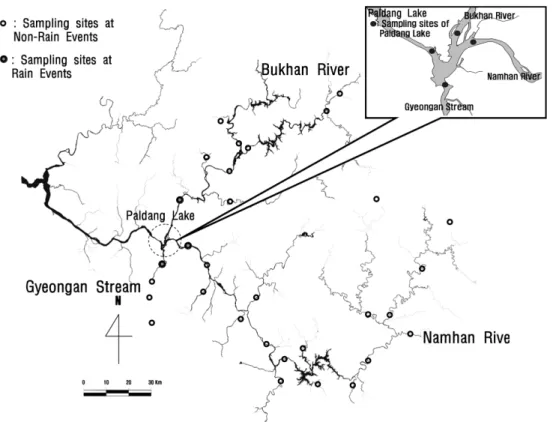 Fig. 1. The sampling sites at upstream of the lake Paldang and within the lake. 거한 후 주석호일에 싸서 CHN  원소분석기(Flash EA1112) 를 사용하여 분석하였다