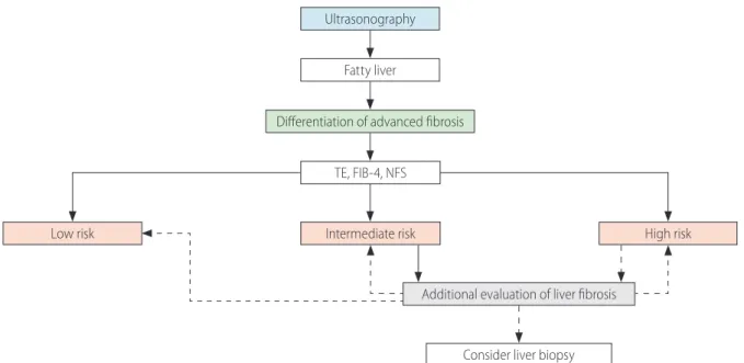 Figure 2. Algorithm to differentiate advanced fibrosis. TE, transient elastography; FIB-4, fibrosis-4 index; NFS, nonalcoholic fatty liver disease fibrosis  score.