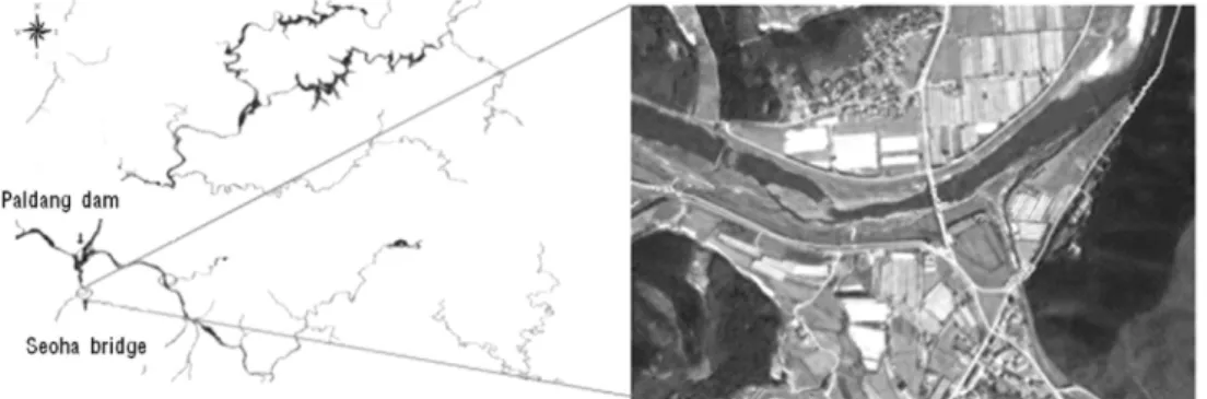 Fig. 1. Map showing the monitoring location. 하도록  하였다.  강우시의  시료  채취는  강우  시작  전  현장 에 미리 대기하여 모니터링 준비를 완료하였으며 강우량에 따라  농도곡선이  달라지므로  Turbidity를  현장에서  측정하여 채수 여부를 결정지었다