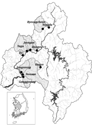 Fig. 1. Study area and observed stations in the Geum river  basin.