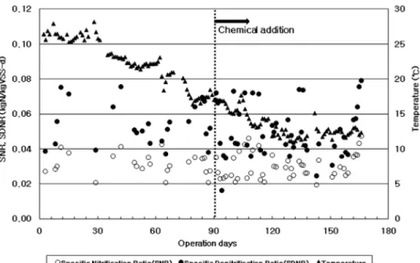 Fig. 7. Specific nitrification ratio (SNR) and specific denitrification ratio (SDNR) on the membrane bioreactor with  chemical addition.