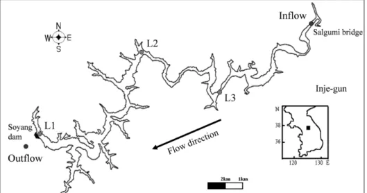 Fig. 1. Sites map of Lake Soyang and its inflow and outflow.본 연구에서는 북한강 및 한강 하류 수계의 호수와 하천의 수질에 절대적인 영향을 미치는 소양호에서 태풍에 동반한 집중강우로 인해 예년에 비해 유입유량이 매우 많았던  2006년에  유입하천을  통해  유입되는  외부유입유기물과 댐방류유기물의 특성을 조사하여 소양호의 외부유입유기물 특성 및 호내 거동을 밝히고 또한 기후변화로 인한 강우패턴 변화에 따른