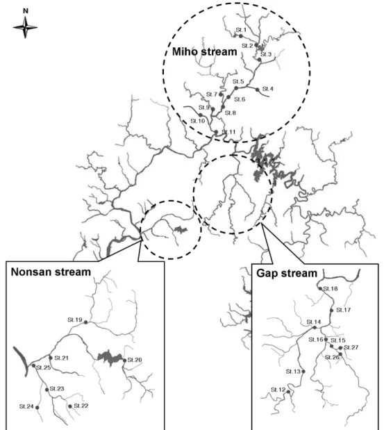 Fig. 1. Location map of river sediments samples collected from the Geum river basin.퇴적물  시료는  금강수계의  미호천,  갑천,  논산천의  수질측정망 지점과 도심지역 또는 공단지역이 밀집된 곳을 중심으로 총 25개 지점에서 2009년 10월과 12월에 채취하였고  두  차례의  조사결과를  토대로  갑천에서  4개의  지점을 정밀 조사지점으로 선정하여 2010년 2월 시료를 채취하였다