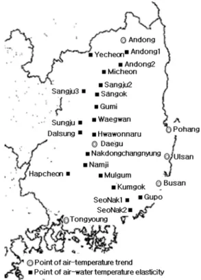 Fig. 1. Air and Water temperature observatory. 를  선정하여  산술평균법을  이용하여  평균기온을  산정하였 다.  자료의 수집기간은 기상관측개시일로부터 2008년 12월  31일까지이며 관측지점의 일별 자료를 수집하여 월,  계절,  연 자료로 재추출하였다
