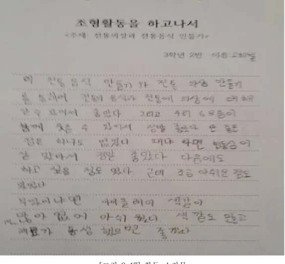 [그림 3-17] 활동 소감문 3. 결과 분석 본 연구는 초등학교 3학년 한 개 학급 28명을 대상으로 통합적 조형 활동 중 심으로 한 협동학습을 적용한 후 창의성의 변화를 측정하기 위하여 연구 전과 연구 후의 창의성 변화 정도를 기존 연구를 통해 구조화 되어 검증된 설문지 (박신영 2014, 69)를 이용하여 평가하였다