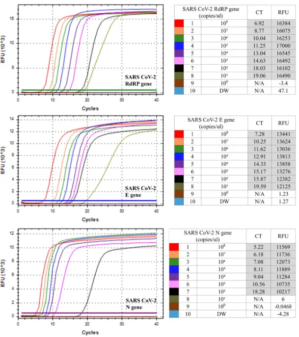 Fig 1. Limit of detection for the monoplex SARS CoV-2 RT-LAMP assay. The limit of detection for the monoplex SARS CoV-2 RdRP (A), E (B) and N (C) RT-LAMP assay was tested with synthetic RdRP, E and N plasmid ranging from 10 8 to 10 0 copies/μL, respectivel
