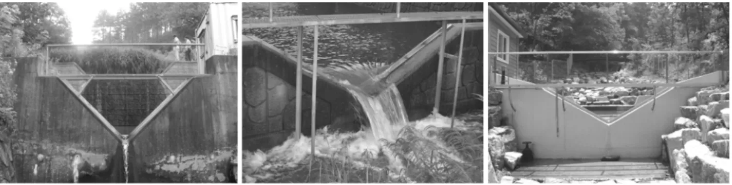 Table 1. Weir formula applied in dam of water pumping 90°V Weir  Q = (1.227×10 -5 )×((H×0.1+0.7529) 2.6605 )×3600/A 120°V Weir  Q = (1.485×(10 -9 )×((H+62.5868) 3.0821 )×3600/A 여기서, Q는  유출량(m 3 /ha/hour)이고, H는  수위(mm)  그리 고 A(ha)는 각 지점의 면적을 나타낸다