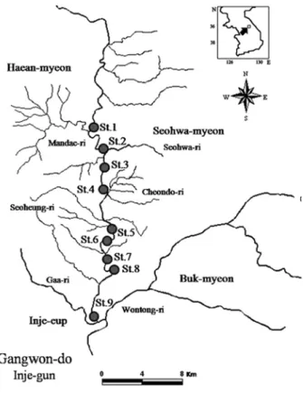 Fig. 1. Map showing the stations for periphyton sampling  in the Inbuk stream.