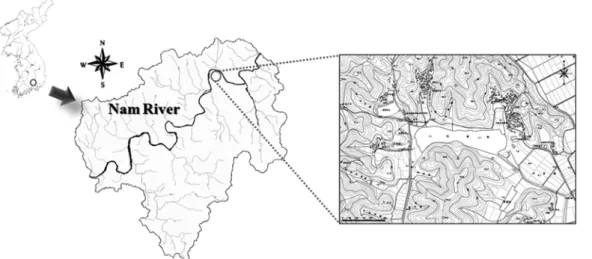 Fig. 1. Location of the Daepyung Marsh and its watershed.지는 자연습지에서 제공하고 있는 습지의 여러 기능을 모방하여 목적에 따라 필요한 부분을 참조하여 좀 더 인위적 제어가 가능하도록 조성되는데,  수질정화를 목적으로 할 경우에는  자연습지의  물리․화학․생물학적  기작에  대한  이해를 바탕으로 설계되어야 하지만 국내의 경우에는 기후조건 등이 상이한 외국의 인공습지 적용사례를 이용하고 있어 우리나라 자연습지