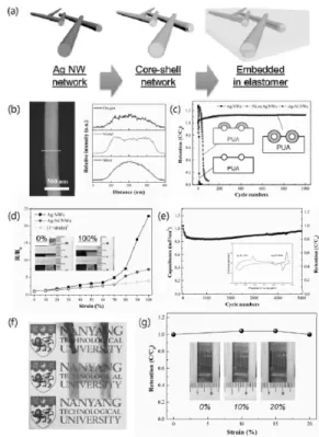 Figure  2.  투명 웨어러블 에너지 저장 장치.  (a-d)  은-니켈 코 어-쉘 나노와이어의 (a) 모식도,  (b)  EDS  라인스캔(line-scan),  (c)  산화-환원 반복 시험 그래프,  (d)  신축변형에 따른 저항변 화 그래프