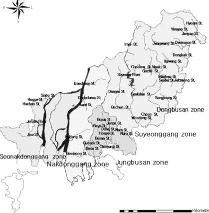 Fig. 1. River status for each zone. 연구는 이루어지지 않고 있다.  이에 본 연구에서는 부산 도심 복개하천의 현황을 파악하고 평가를 함으로써 하천복원시 각 하천에 대해 기초자료로서의 제공에 목적이 있다.2