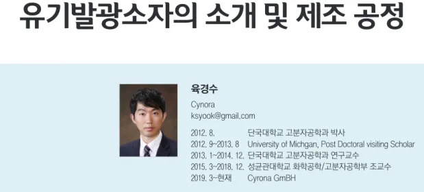 그림 1. 유기 발괄 소자 구조 및 형광, 인광, 지연형광 발광 메커니즘.