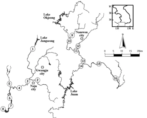 Fig. 1. Map of the sampling sites in the Youngsan river (site no. 1-8) and the Sumjin river (site no