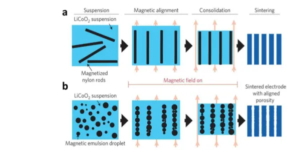 Figure 2.  자기 템플레이팅(magnetic templating)을 이용한 후막 전극; a) 자화 나일론과 b)  자기 에멀젼 방울을 통해 정렬된  구조를 만들고 이후 이들을 제거하여 정렬된 공극 생성.