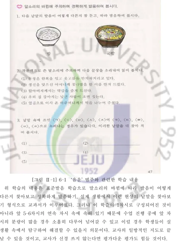 [그림  Ⅱ-1]  6-1    ‘음운’  범주와  관련한  학습  내용     위  학습의  내용은  표준발음  학습으로  말소리의  바뀜에  따라  발음이  어떻게  다른지  찾아보고  정확하게  발음하기,  실제  생활에서  이런  현상의  낱말을  찾아보 기  형식으로  교과서가  이루어졌다