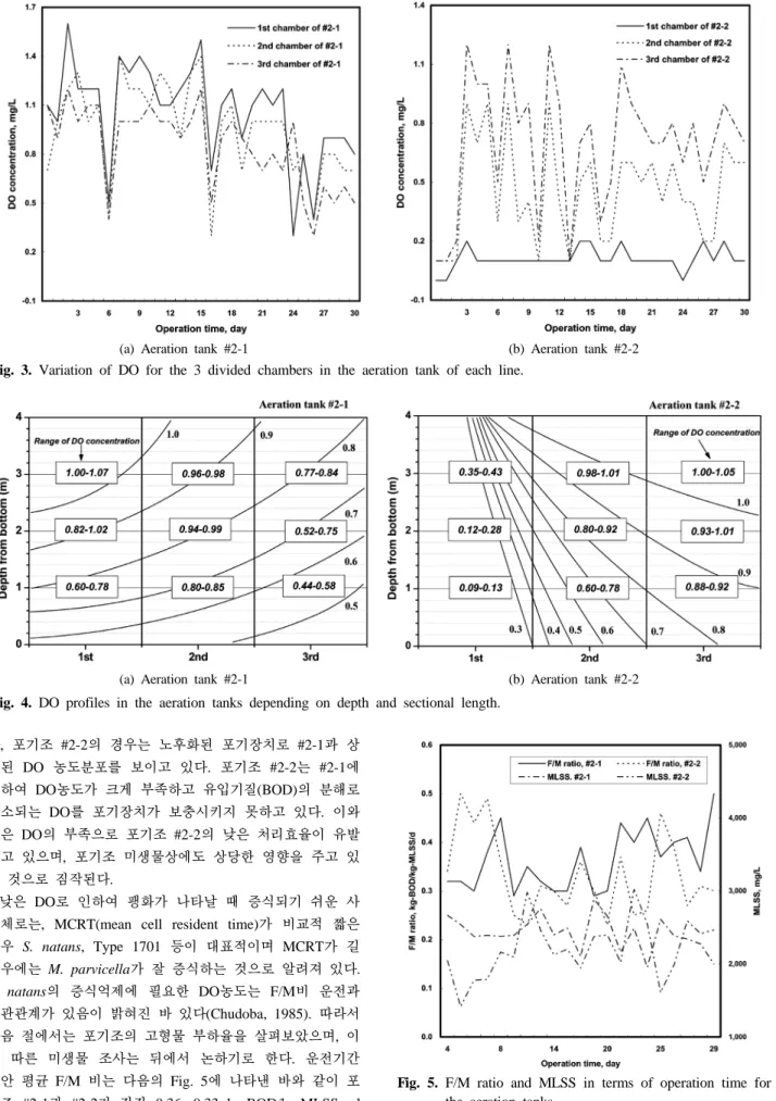 Fig. 4. DO profiles in the aeration tanks depending on depth and sectional length.