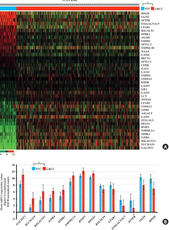 Fig. 2. (A) Heatmap showing significantly dysregulated mRNA expression of the sphingolipid metabolism-related genes in ccRCC tissues  compared with the NST of TCGA KIRC cohort