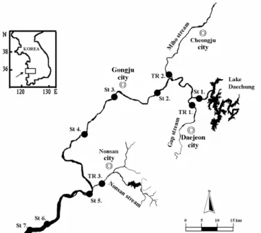 Fig. 1. Map showing the 10 sampling sites, including 3 tributaries.