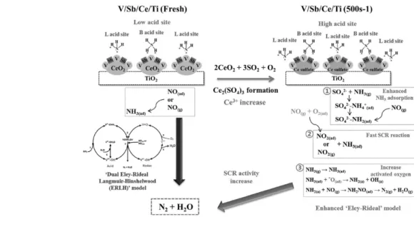 Figure 10. Schematic expressed the cause of the increase in activity by sulfation in the V/Sb/Ce/Ti.