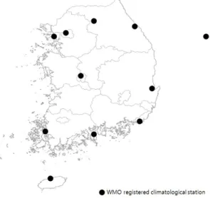Figure 1.1 Distribution of WMO registered climatological stations in Korea