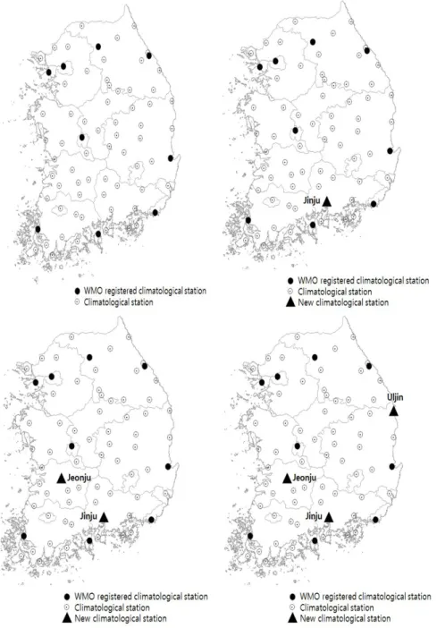 Figure 3.1 Sequential selection for new climatological stations by fractal dimension estimation (left upper; the existing climatological stations, right upper; first selection, left lower; second selection, right lower; third