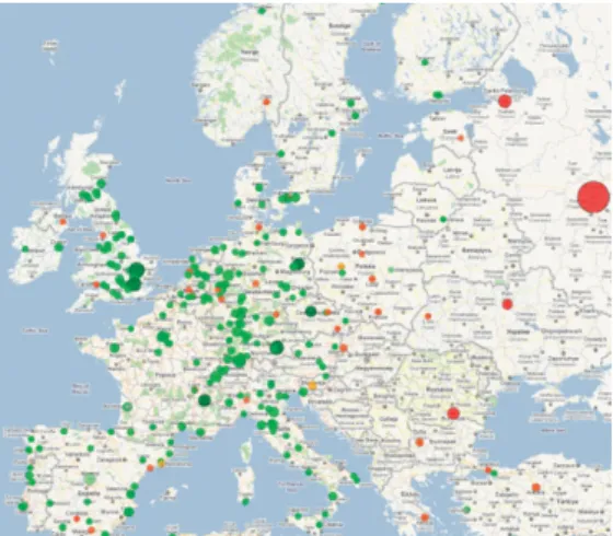 Figure 2.1 Cities in Europe in which highly cited papers were published