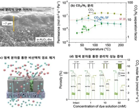 그림 3.   (a) DDR 분리막 단면 이미지, (b) CHA 분리막을 통한 CO 2 /N 2  분리 성능, (c) 염색 분자를 통한 CHA 분리막 내의 비(非)선택적  경로 제거, (d) 염색 분자를 통한 분리막 성능 증대.