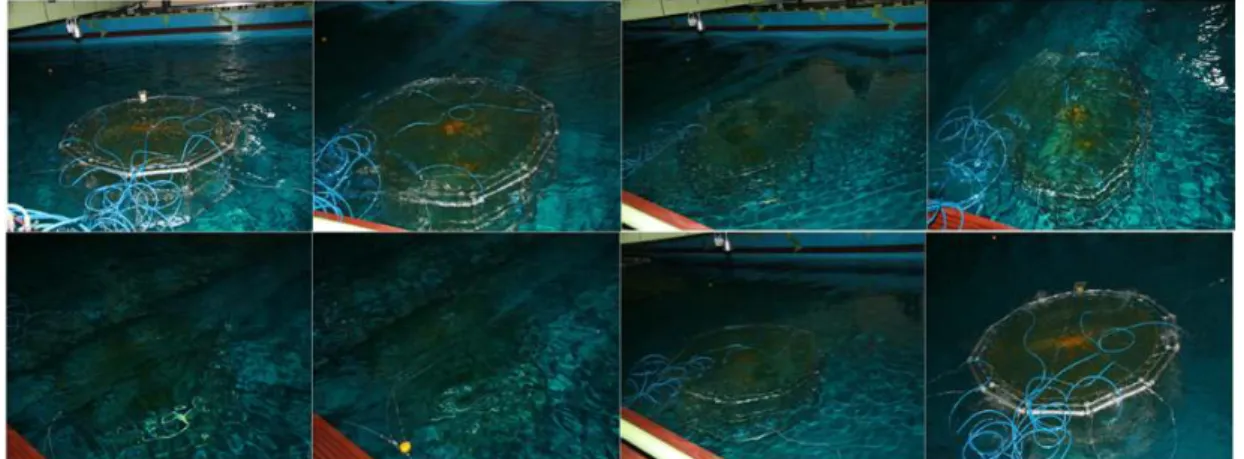 Fig. 2. Automatic submerging(upper) and surfacing(below) operations of the model fish cage system by air control under wave and no wave.