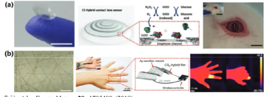 Figure 5. 키틴(chitin)과 실크(silk)  복합체(composite)를 이용한 웨어러블(wearable)  전자기기 기판의 예시. (a) 혈당 수치  모니터링용 기판(contact lens), (b) 웨어러블 히터용 기판.