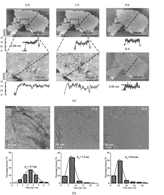 Figure 8. (a) 자외선 조사 방법으로 합성한 다공성 산화 그래핀, (b) 하이드록시 라디칼 제거를 통해 합성한 다공성 산화  그래핀.