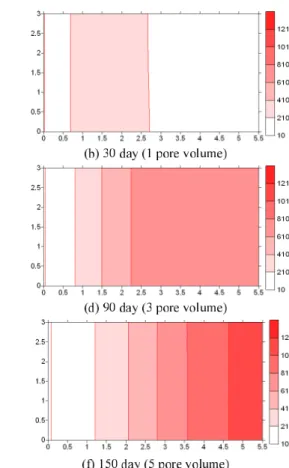 Figure 15. Concentration distributions of dissolved diesel over time when the hydraulic conducti vity oflayer 2 is  10 times larger than that of  l ayer 1