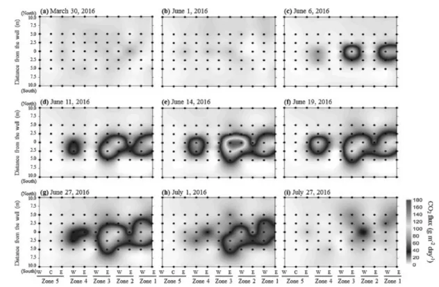 Figure 10. Spatial variation map of CO 2  fluxes on the local grid. Black dots are sampling points
