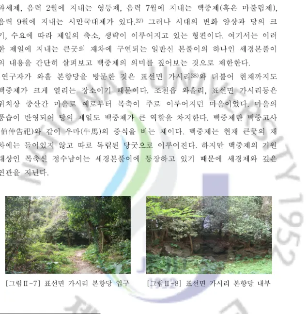 그림 표선면 가시리 본향당 입구[Ⅱ-7] 37) 큰굿이란 일종의 의식이며 체계적인 원리를 가지고 있다 제주에서 행해지은 큰 굿은 열두거리로. 이루어져있다고 하며 그 순서는 초감제 창세신에 대한 의례( ), 불도제 아기산육신에 대한 의례( ), 초 공제 무조신에 대한 의례( ), 이공제 주화 관장신에 대한 의례( ), 삼공제 전상차지신에 대한 의례 시왕(), 제 저승시왕 및 저승차사에 대한 의례( ), 명감제 방액법 창조신에 대한 의례( ), 세경제 농경기