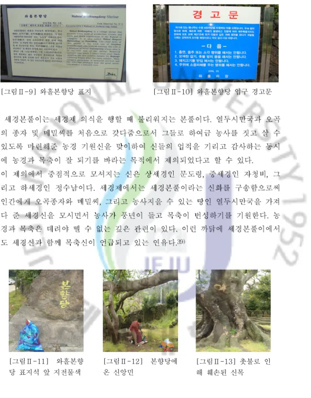 그림 와흘본향당 표지[Ⅱ-9] [ 그림 Ⅱ -10] 와흘본향당 입구 경고문 39) 앞의 글, pp.253~268그림 와흘본향[Ⅱ-11]당 표지석 앞 지전물색 그림 본향당에[Ⅱ-12]온 신앙민 그림 촛불로 인[Ⅱ-13]해 훼손된 신목